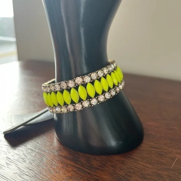 JCREW NWT rhinestone brass neon yellow stretch bracelet prom - Picture 6 of 14